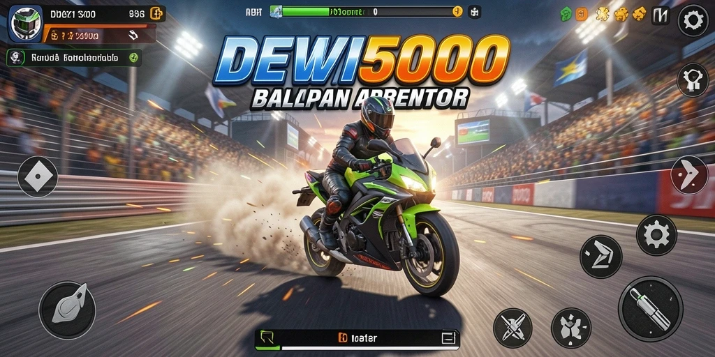 Gameplay seru di DEWI5000 dengan balapan motor cepat.