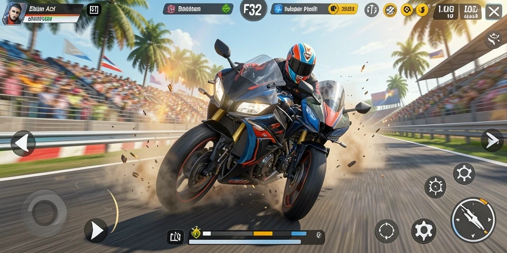 Screenshot gameplay F32 menampilkan balapan motor yang mendebarkan.