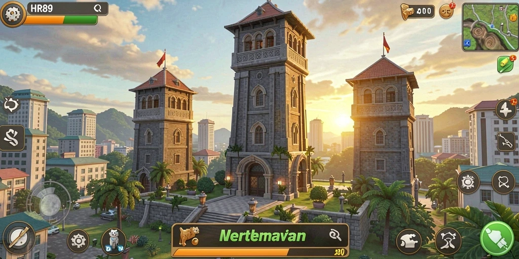 Tampilan gameplay HR89 yang penuh aksi dalam suasana Tower Defense.