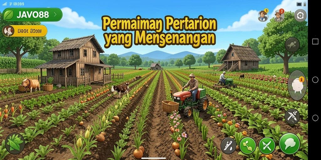 Tangkapan layar dari gameplay JAVO88 menunjukkan petani yang merawat tanaman.