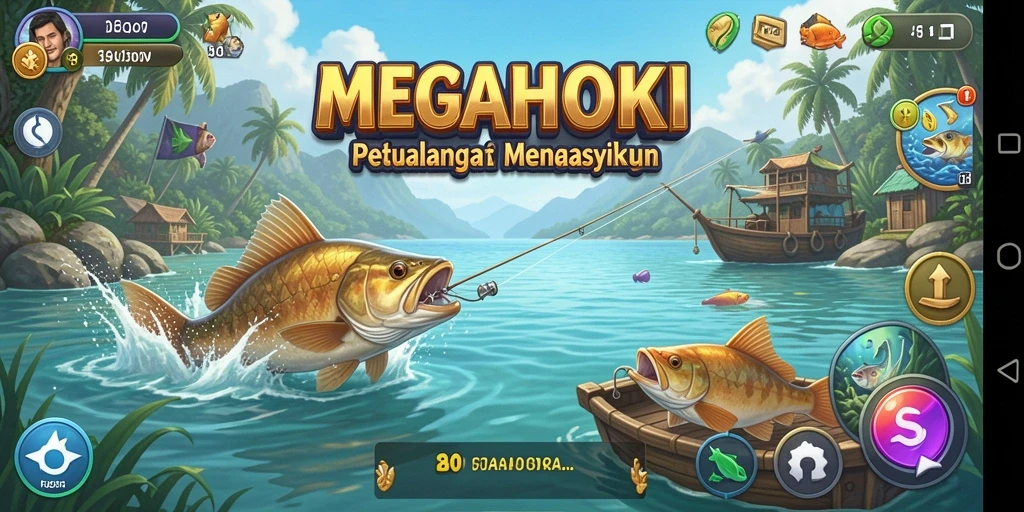 Screenshot MEGAHOKI menampilkan aksi memancing yang mendebarkan.
