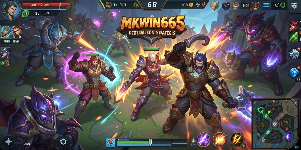 Tangkapan layar gameplay <strong>MKWIN666</strong> yang menggambarkan aksi seru dalam pertempuran MOBA.