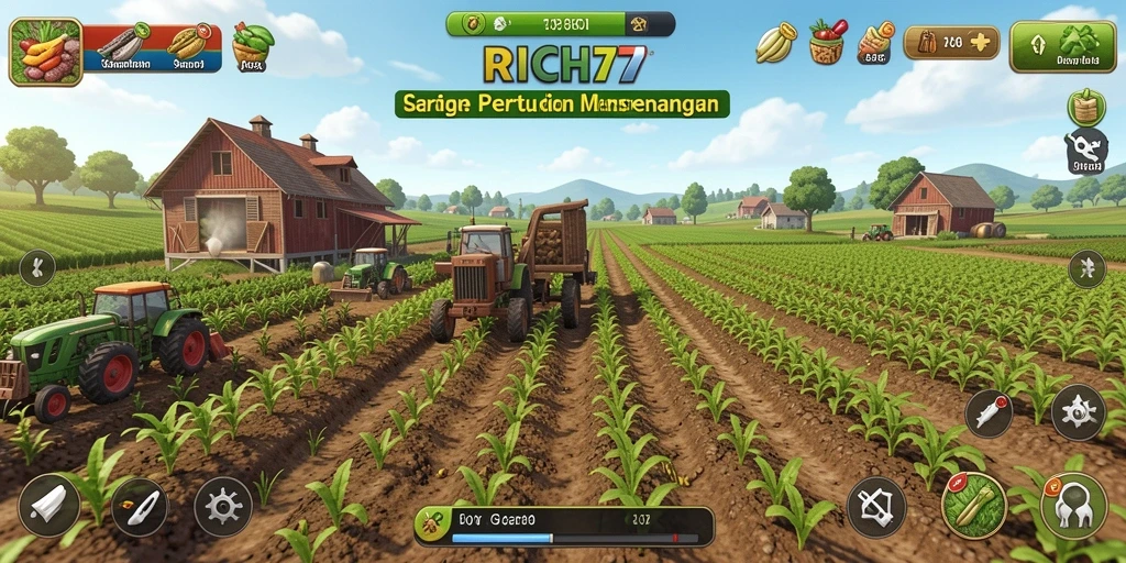 Screenshot gameplay RICH7 yang menampilkan ladang hijau subur.