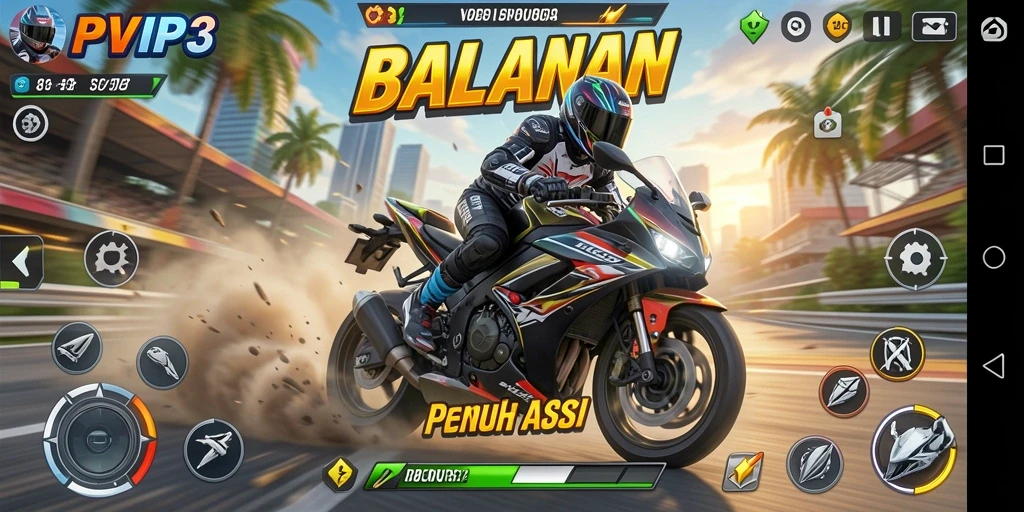 Screenshot RPVIP3 menampilkan aksi balapan motor yang seru dan mendebarkan.