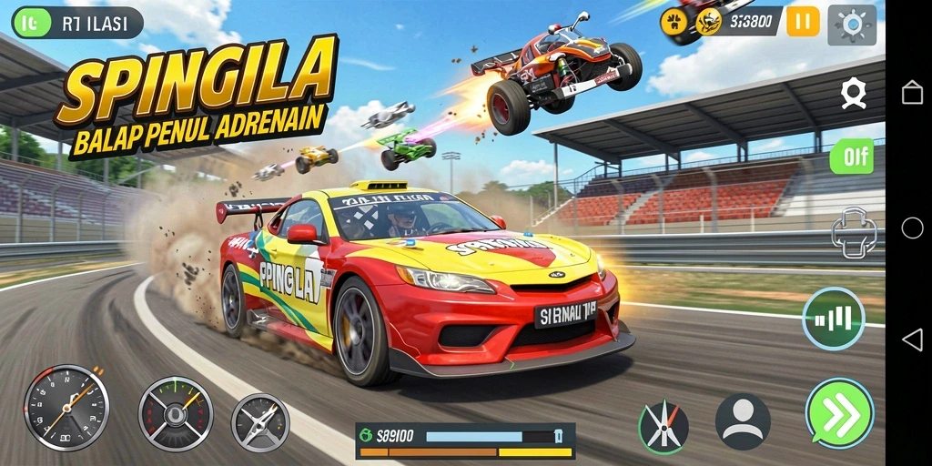 Gameplay balap SPINGILA yang mendebarkan dan penuh warna.