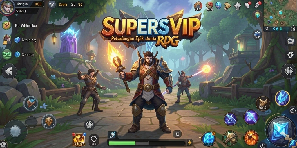 Tampilan utama gameplay SUPERSVIP yang menampilkan eksplorasi dan pertempuran yang mendebarkan.