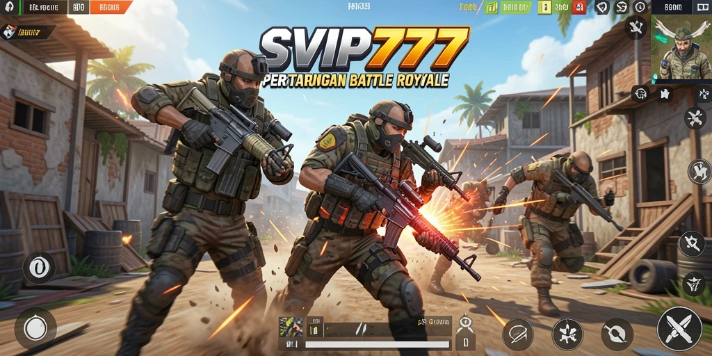Screenshot gameplay SVIP777 menampilkan aksi pertempuran intens dalam Battle Royale.