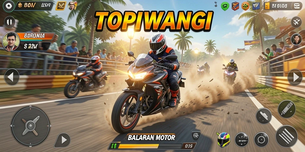 Tampilan gameplay seru dari TOPIWANGI dengan balapan motor yang mendebarkan.