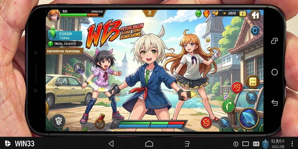 Tampilan gameplay seru dalam dunia anime yang penuh warna.