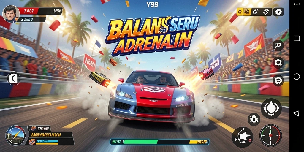 Tampilan gameplay Y89 yang menunjukkan balapan seru dan mobil cepat.